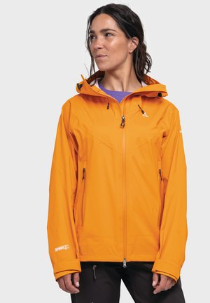 Orange waterproof jacket with a hood, front zipper, two side pockets, and adjustable cuffs. Smooth texture and ergonomic design.