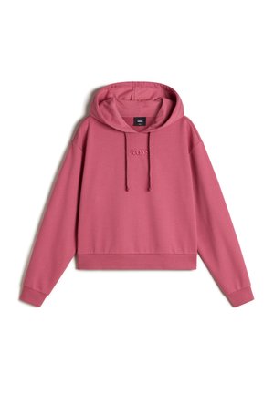 Rosa kurz geschnittene Kapuzenjacke aus weichem Stoff, mit einer Kordelzugkapuze, gerippten Bündchen und einem kleinen gestickten Logo auf der Brust.