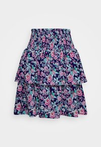 Blommönstrad lagerkjol med smockad midja, med en marinbakgrund och färgglada blommor i rosa, grönt och vitt.