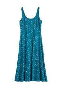 Teal ärmlös klänning med vita prickar, figursydd bodice och utsvängd kjol. Tillverkad av mjukt tyg med en slät textur.