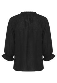 Schwarze Bluse aus leichtem Stoff, mit gerafftem Ausschnitt, langen Puffärmeln mit Rüschensäumen und lockerem Schnitt.