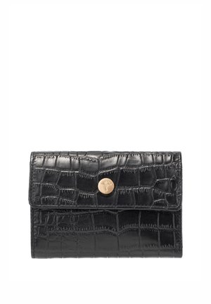 Czarny portfel z tłoczonej skóry krokodyla z zapięciem na złoty guzik, na środku z małym tłoczonym logo.