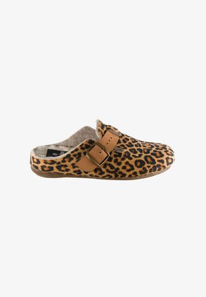 Zuecos de estampado de leopardo con una hebilla marrón, hechos de tela suave, con un interior acogedor y una suela marrón resistente.