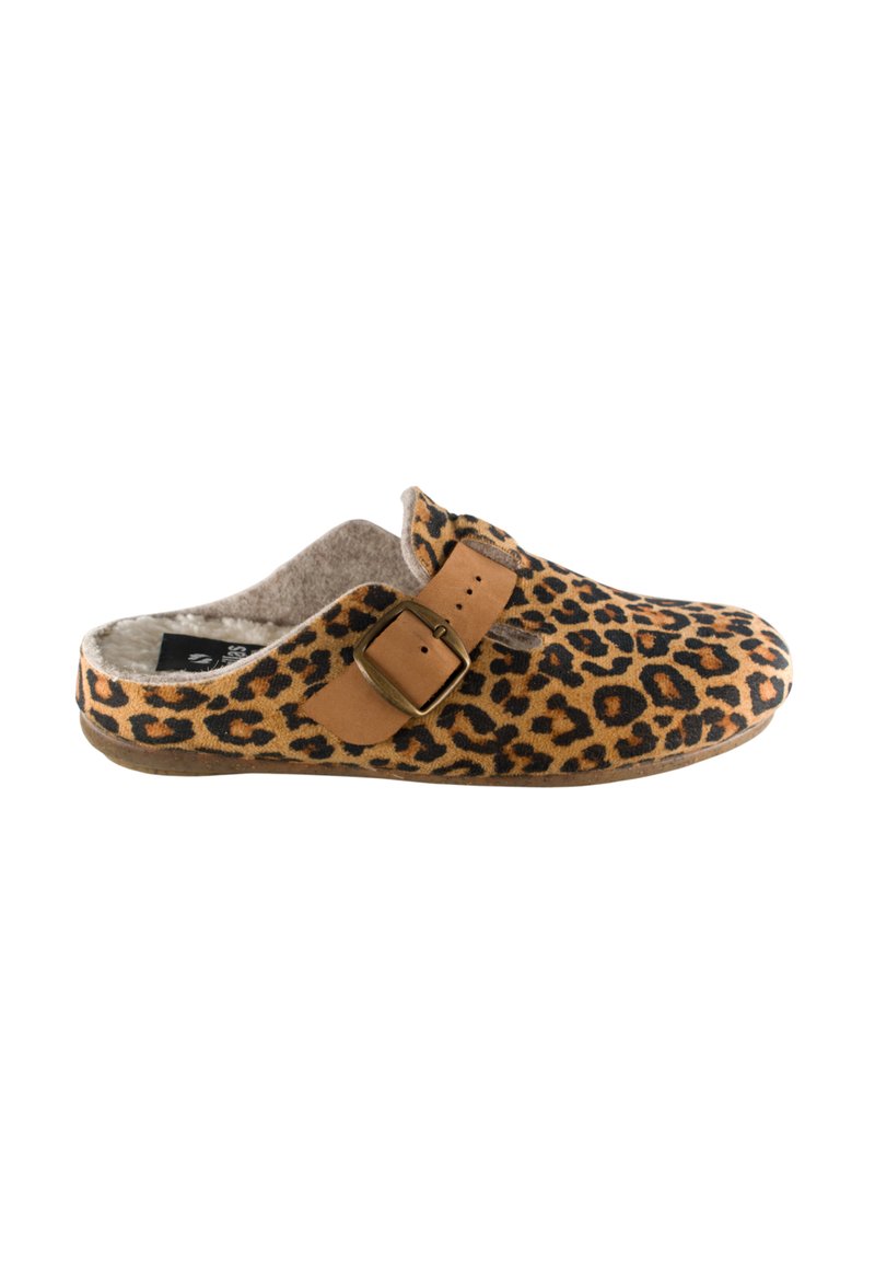 Zuecos de estampado de leopardo con una hebilla marrón, hechos de tela suave, con un interior acogedor y una suela marrón resistente.