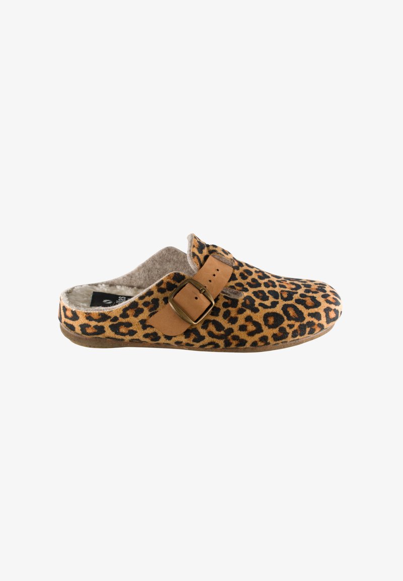 Zuecos de estampado de leopardo con una hebilla marrón, hechos de tela suave, con un interior acogedor y una suela marrón resistente.