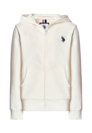 Felpa bianca con cappuccio e zip, tasche frontali e piccolo logo nero ricamato di cavallo e cavaliere sul petto.