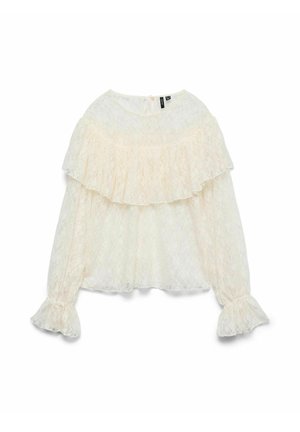 Blouse en dentelle blanche avec un col froncé, des manches évasées et un design superposé. Matériau léger avec une texture transparente tout au long.