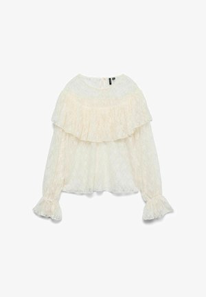 Balta nėriniuota bluzelė su raukšlėtu kaklu, varpo formos rankovėmis ir sluoksniuotu dizainu. Lengva medžiaga su permatomu tekstūru visame paviršiuje.