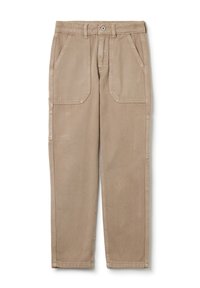Beige katoenen broek met een rechte pasvorm, uitgerust met voorzakken, een knoopsluiting en minimalistische stiksel details.