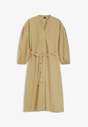 Beige long-sleeve midi dress with gathered elastic cuffs, V-neck, and adjustable belted waist with metal eyelets.