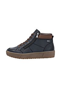 Bottes de cheville en cuir noir avec des accents bruns, dotées d'une fermeture éclair sur le côté, d'un bout rond et d'une semelle en caoutchouc texturé. Lacets dans un brun contrasté.