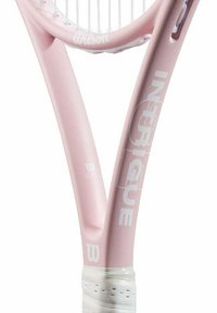 Light pink tennis racket with a matte finish, featuring a white logo and grip tape. Open string pattern design, smooth curves.