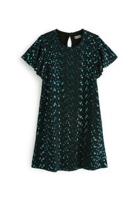 Robe noire avec des manches courtes à volants, recouverte de sequins bleus, avec un encolure ronde et une petite ouverture en forme de clé dans le dos.