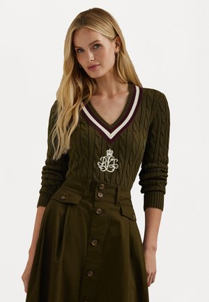 Lauren Ralph Lauren CABLE KNIT COTTON CRICKET SWEATER - Neule - botanic green/pinot noir/cream