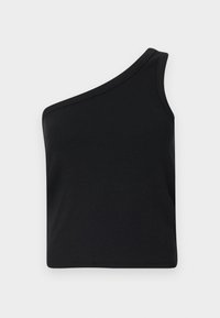 Black, one-shoulder top in ribbed texture. Features a fitted design with a wide neckline and a straight hem. No additional accents.