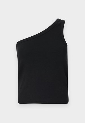 Svart, en-skulder topp i ribbet tekstur. Den har en tettsittende design med vid halslinning og rett hem. Ingen ytterligere detaljer.