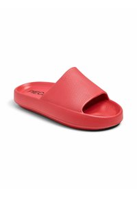 Rode instap sandalen met een textuur oppervlak, open teen ontwerp, vlakke zool en subtiele branding op de binnenzool. Gemaakt van lichtgewicht materiaal.