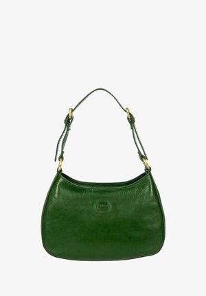 Sac à épaule en cuir vert avec une bandoulière réglable et des finitions en métal doré, présentant un logo de marque subtilement embossé à l'avant.