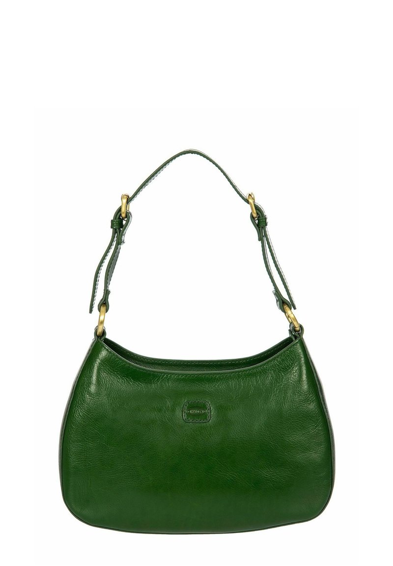 Sac à épaule en cuir vert avec une bandoulière réglable et des finitions en métal doré, présentant un logo de marque subtilement embossé à l'avant.
