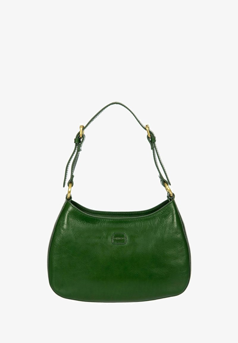 Sac à épaule en cuir vert avec une bandoulière réglable et des finitions en métal doré, présentant un logo de marque subtilement embossé à l'avant.