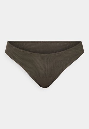 Tmavě olivově zelené bikiny s hladkým povrchem, nízkým pasem a minimálním zakrytím. Vyznačují se jednoduchým šitím podél okrajů.