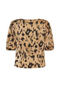 Korte mouw blouse in luipaardprint, met een beige achtergrond en zwarte stippen, gegatherde mouwen en een losse pasvorm. Glad materiaal.