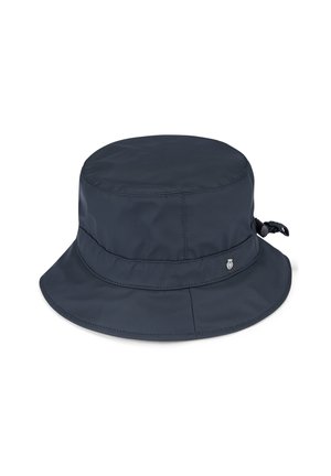 Navy waterproof bucket hat with a wide brim, seamless design, and a side adjustment cord. Features a small logo on the band.