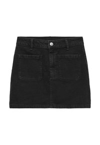 Jupe en denim noir au design ajusté, dotée d'une fermeture à bouton, de deux poches avant et d'une texture lisse. Longueur courte.