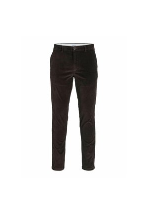 Brune fløjl bukser med slim fit, knaplukning, bæltestropper og sidelommer. Blød tekstur med fine lodrette ribber.