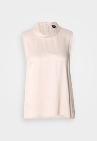 Bezrukávová bledoružová blúzka s vysokým golierom, vyrobená z hladkej, lesklej látky. Má zapínanie na gombíky na chrbte a zaoblený lem.