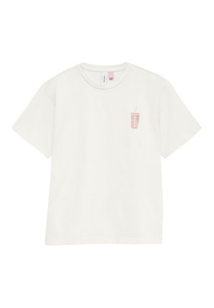 T-shirt en coton blanc à manches courtes, avec un petit graphique d'un gobelet à boisson rose sur la poitrine gauche. Encolure ronde classique.