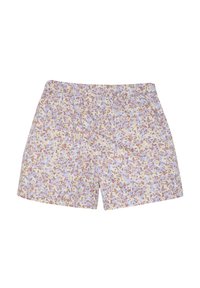 Lätt mönstrade shorts med en mjuk, elastisk midja; har en blommönstring i pastellfärger av lila, brunt och gult.