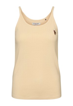Hele kollase tooniga soonikkoes tanktop õhukeste rihmadega ja väike tikitud logo vasakul rinnal. Pehme tekstuur, keha järgnev lõige.
