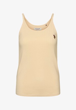 Hele kollase tooniga soonikkoes tanktop õhukeste rihmadega ja väike tikitud logo vasakul rinnal. Pehme tekstuur, keha järgnev lõige.