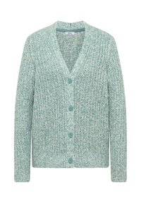 Svetle modrý pletený kardigan s V-výstřihem, dlouhými rukávy a pěti knoflíky. Strukturovaná tkanina s jemným povrchem a ležérním designem.