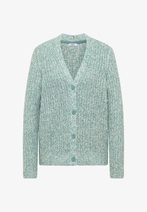 Light teal knitted cardigan with a V-neckline, long sleeves, and five buttons. Textured fabric with a soft finish and casual design.