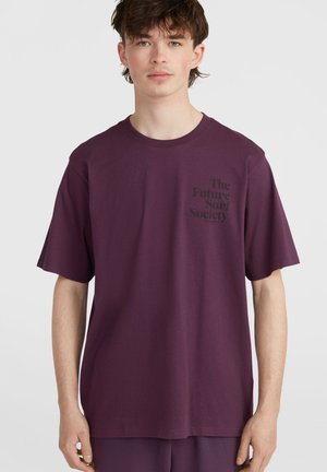 Purple cotton t-shirt with short sleeves, crew neckline, and a black text print stating "The Future Surf Society" on the front.