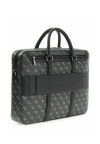 Schwarze, gemusterte Laptop-Tasche mit zwei Griffen, Reißverschluss und einer strukturierten Oberfläche mit einem subtilen Logodesign. Glatte Lederakzente.