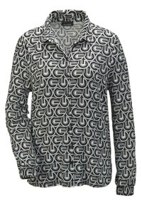 Zwart-wit knoopshirt met een geometrisch patroon, voorzien van lange mouwen en elastische manchetten, gemaakt van lichtgewicht stof.