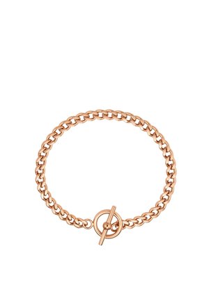 Bracciale a catena in oro rosa con maglie spesse e chiusura a moschettone rotondo su sfondo bianco.