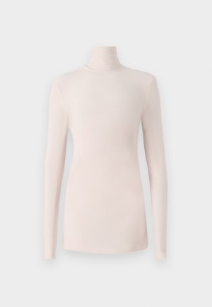 Camisola de gola alta de manga longa em rosa claro, feita de um tecido suave e elástico; design ajustado com uma gola alta e sem fechos visíveis.