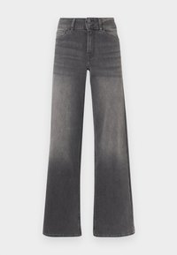 Ohlapne jeans hlače v sivi jeans tkanini z efektnim izpiranjem, klasičnim pet žepnim dizajnom, zapiranjem na gumbe in kontrastnimi šivi.