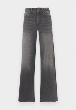 Grijze denim jeans met wijde pijpen, voorzien van een vervaagde afwerking, klassiek vijfzakkenontwerp, knoopsluiting en contrasterende stikdetails.