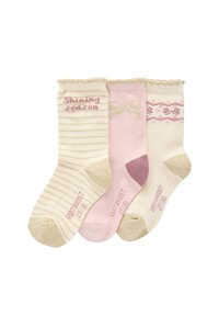 Drei Paar Socken: ein gestreiftes Creme mit pinkem Text, ein einfarbiges Pink mit einer Schleife und ein Creme mit pinkem Muster, alle mit goldenen Akzenten.