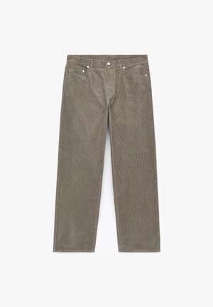 Brown corduroy pants with a straight leg design, featuring a zip fly, five pockets, and textured vertical stripes throughout.