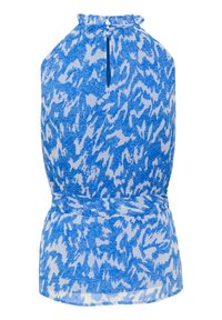 Modrý a bílý halter top s texturovaným, abstraktním vzorem. Vybavený zřaseným límcem a klíčovou dírkou na zádech pro přidaný detail.