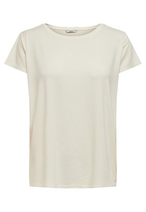 Camiseta lisa beige de manga corta con cuello redondo y ajuste relajado, mostrada sobre un fondo blanco.