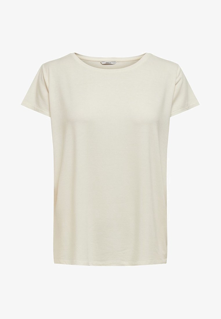 T-shirt beige uni à manches courtes avec un col rond et une coupe décontractée, présenté sur fond blanc.