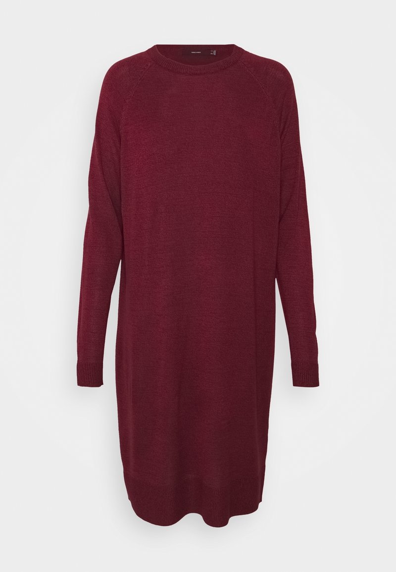 Robe pull tricotée bordeaux à manches longues, longueur jusqu'aux genoux, avec encolure ronde et poignets et ourlet côtelés sur un fond uni.