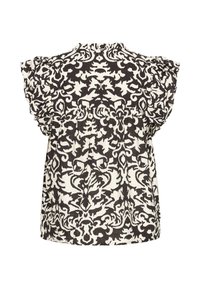 Blusa a maniche corte con volant, in bianco e nero, con un collo rotondo e una vestibilità comoda, caratterizzata da intricati motivi floreali.